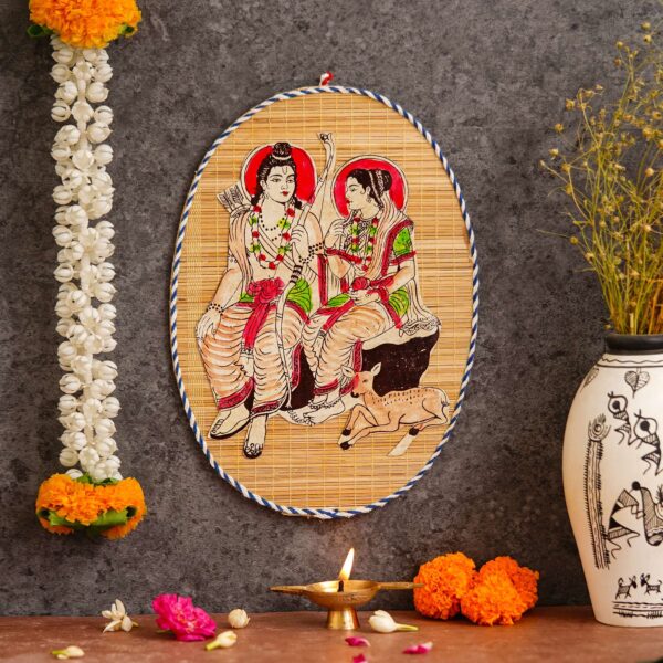 Oval Shaped Design Bamboo Hand Crafted Wall Hangings Of Shri Ram Ji With Janaki Ji For Home Decor | Bamboo Art For Wall Decor